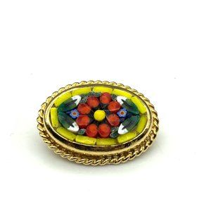 Vintage Floral Mosaic Brooch, Oval Gold Tone Lapel Pin with White and Red Flower